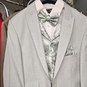 Men's Light Green Suit with Patterned Vest and Bow Tie
